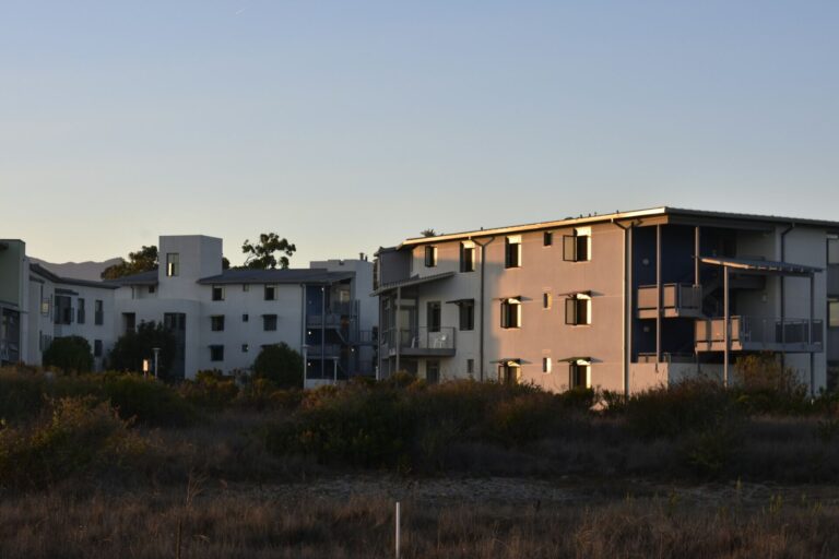 Three-story apartment buildings in coastal Southern California
