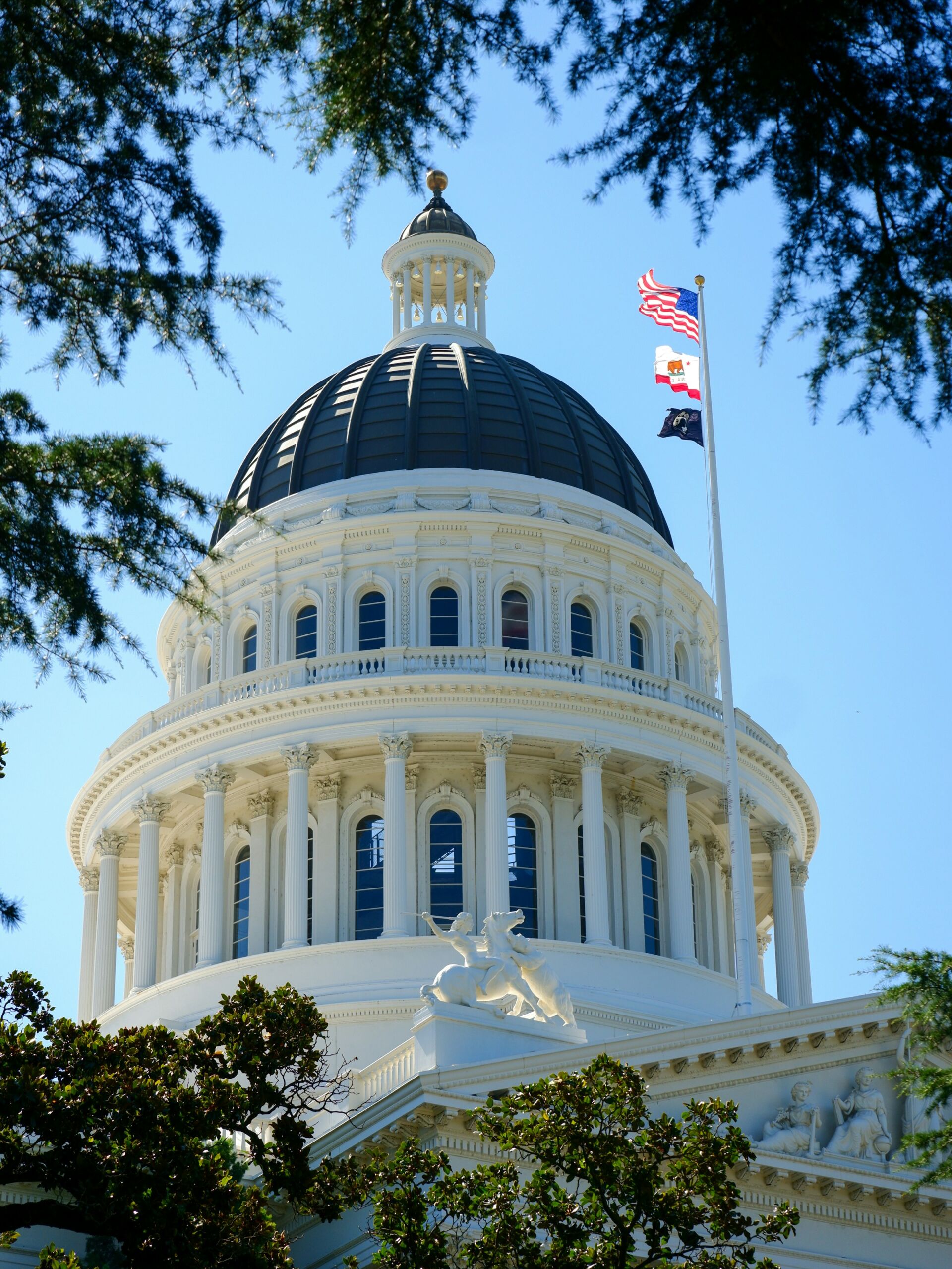 California State Capitol building in Sacramento with American flag