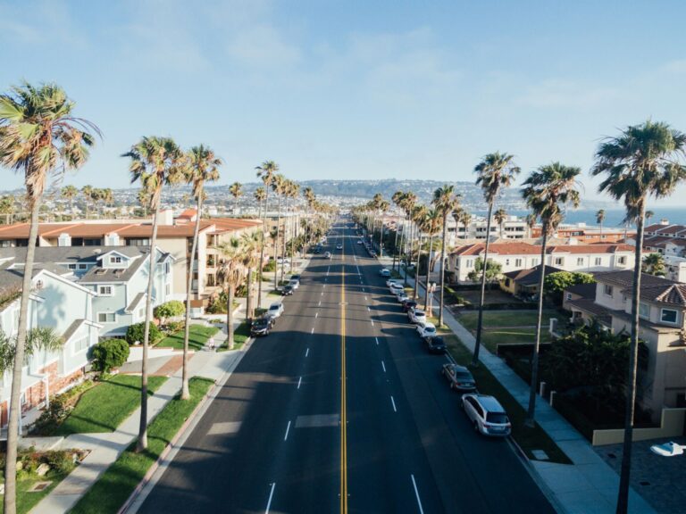 South Bay California residential neighborhood street with palm trees and homes